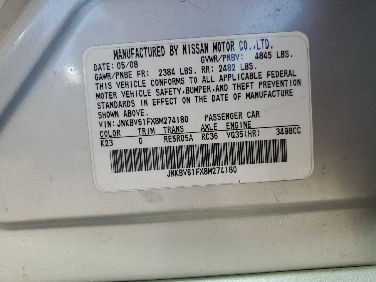 2008 Infiniti G35 VIN: JNKBV61FX8M274180 Lot: 90745815