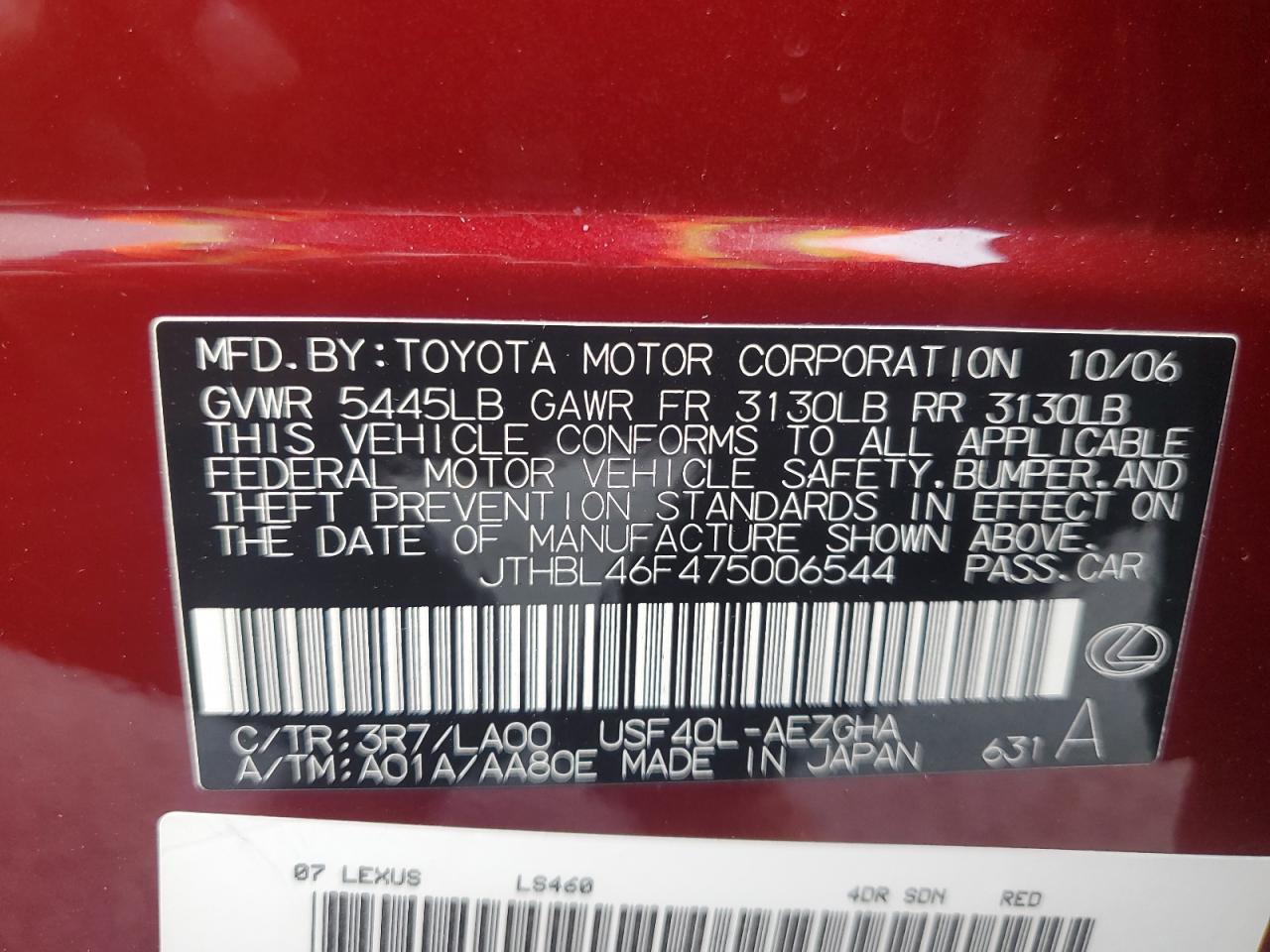 2007 Lexus Ls 460 VIN: JTHBL46F475006544 Lot: 93050605