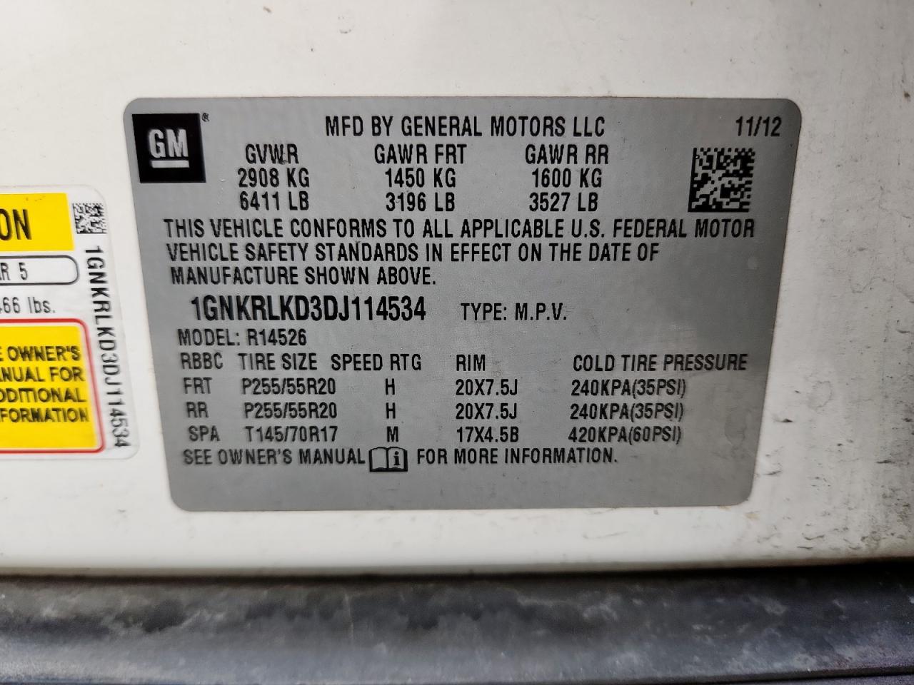 2013 Chevrolet Traverse Ltz VIN: 1GNKRLKD3DJ114534 Lot: 93534095