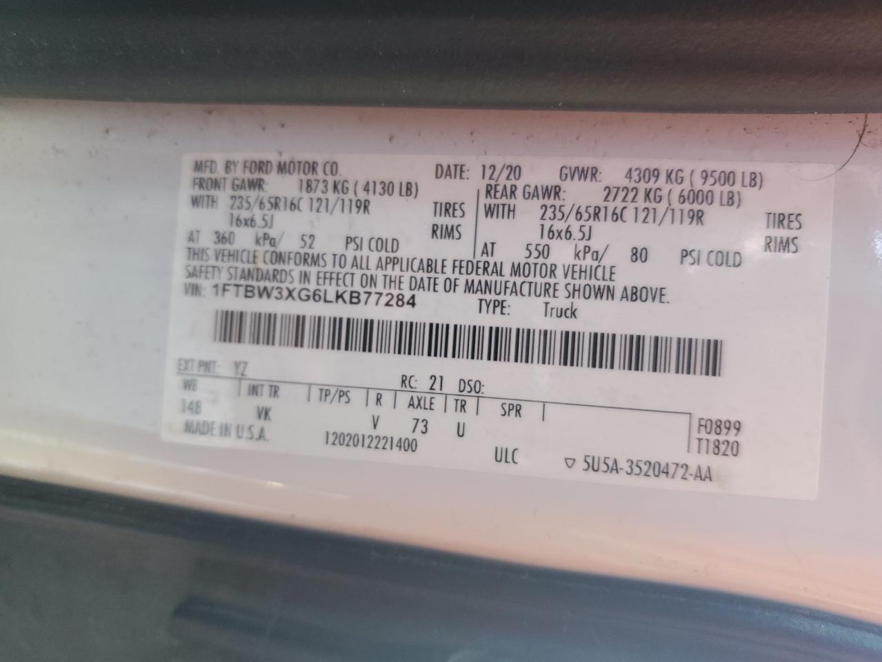 2020 Ford Transit T-350 Delivery Van VIN: 1FTBW3XG6LKB77284 Lot: 92029595