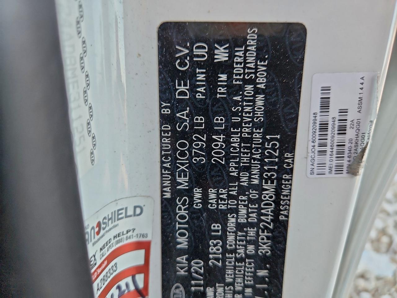 2021 Kia Forte Fe VIN: 3KPF24AD8ME311251 Lot: 94536675