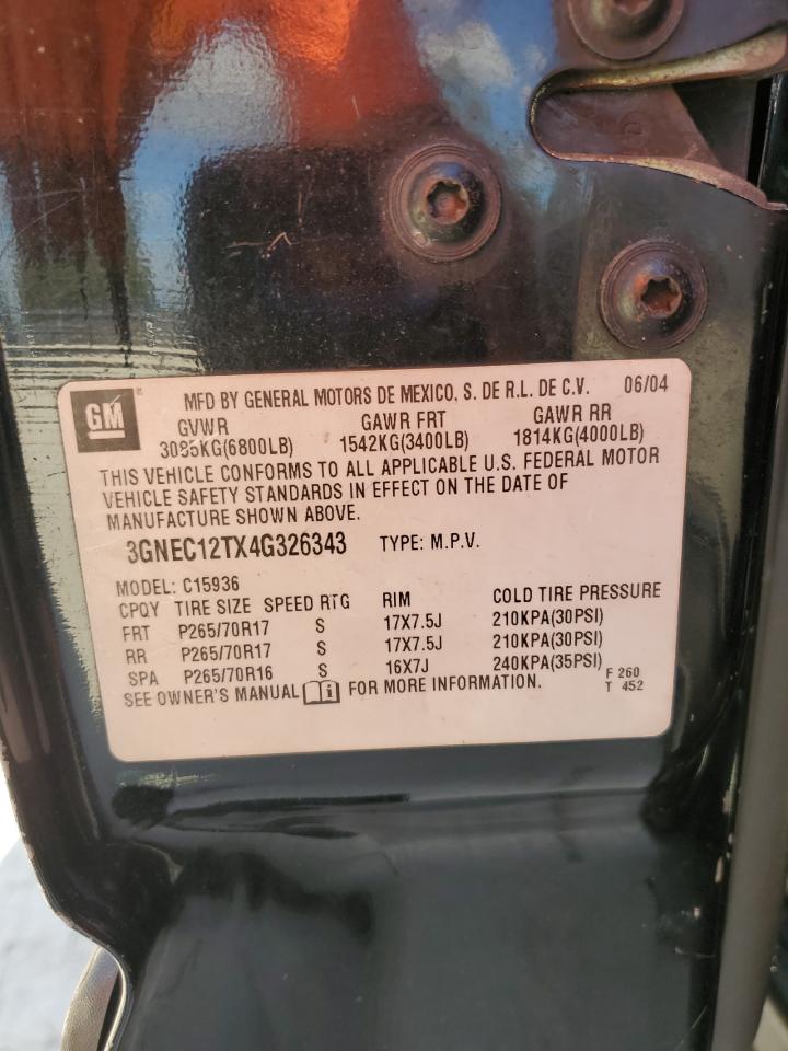 2004 Chevrolet Avalanche C1500 VIN: 3GNEC12TX4G326343 Lot: 91446755