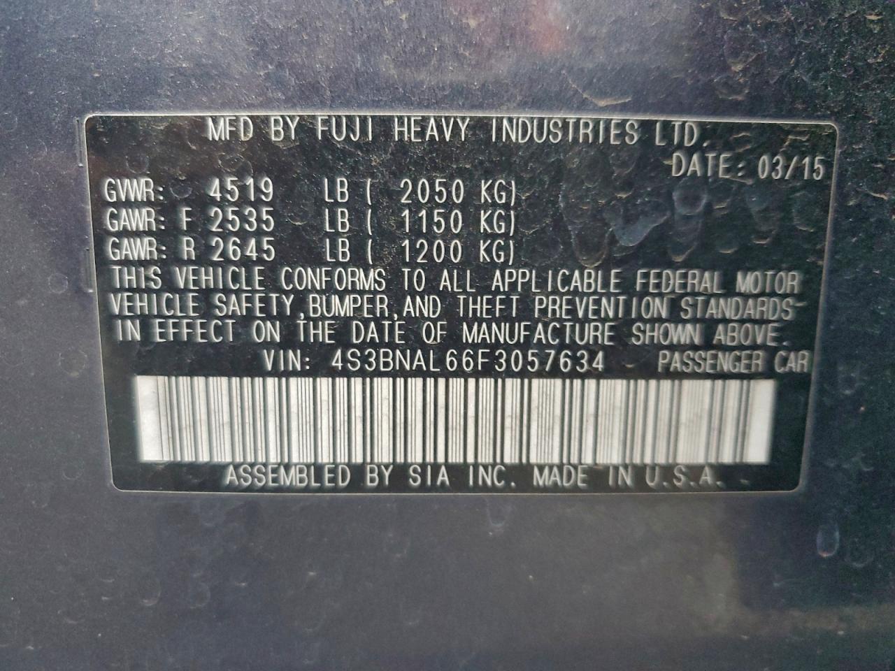 2015 Subaru Legacy 2.5I Limited VIN: 4S3BNAL66F3057634 Lot: 94532325