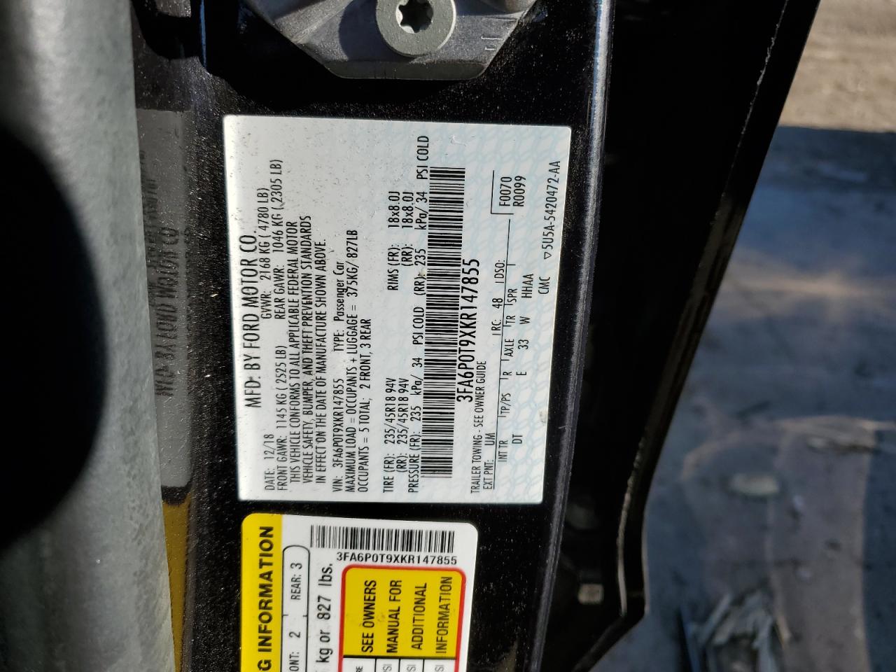 2019 Ford Fusion Se VIN: 3FA6P0T9XKR147855 Lot: 91672665