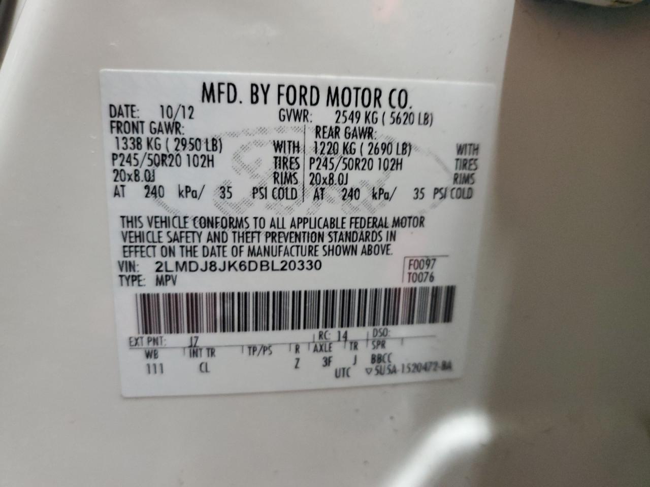 2013 Lincoln Mkx VIN: 2LMDJ8JK6DBL20330 Lot: 92343055