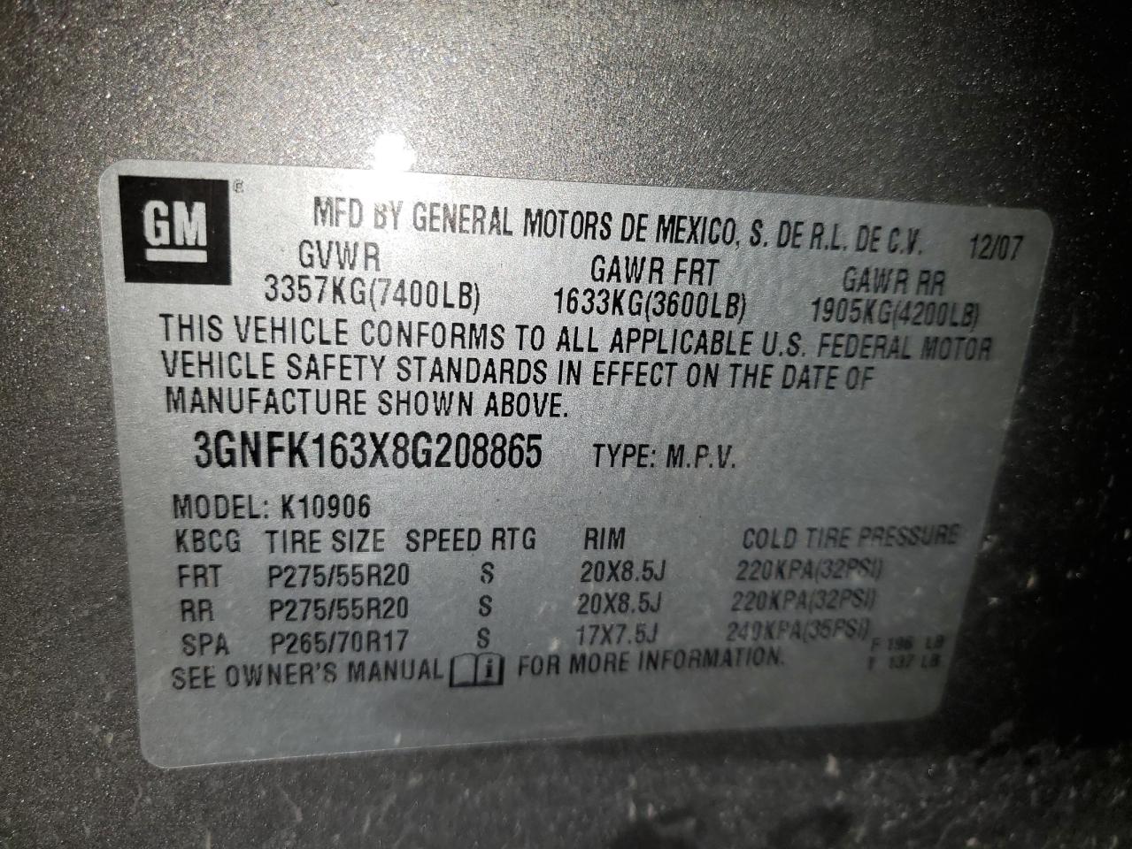 2008 Chevrolet Suburban K1500 Ls VIN: 3GNFK163X8G208865 Lot: 92516945
