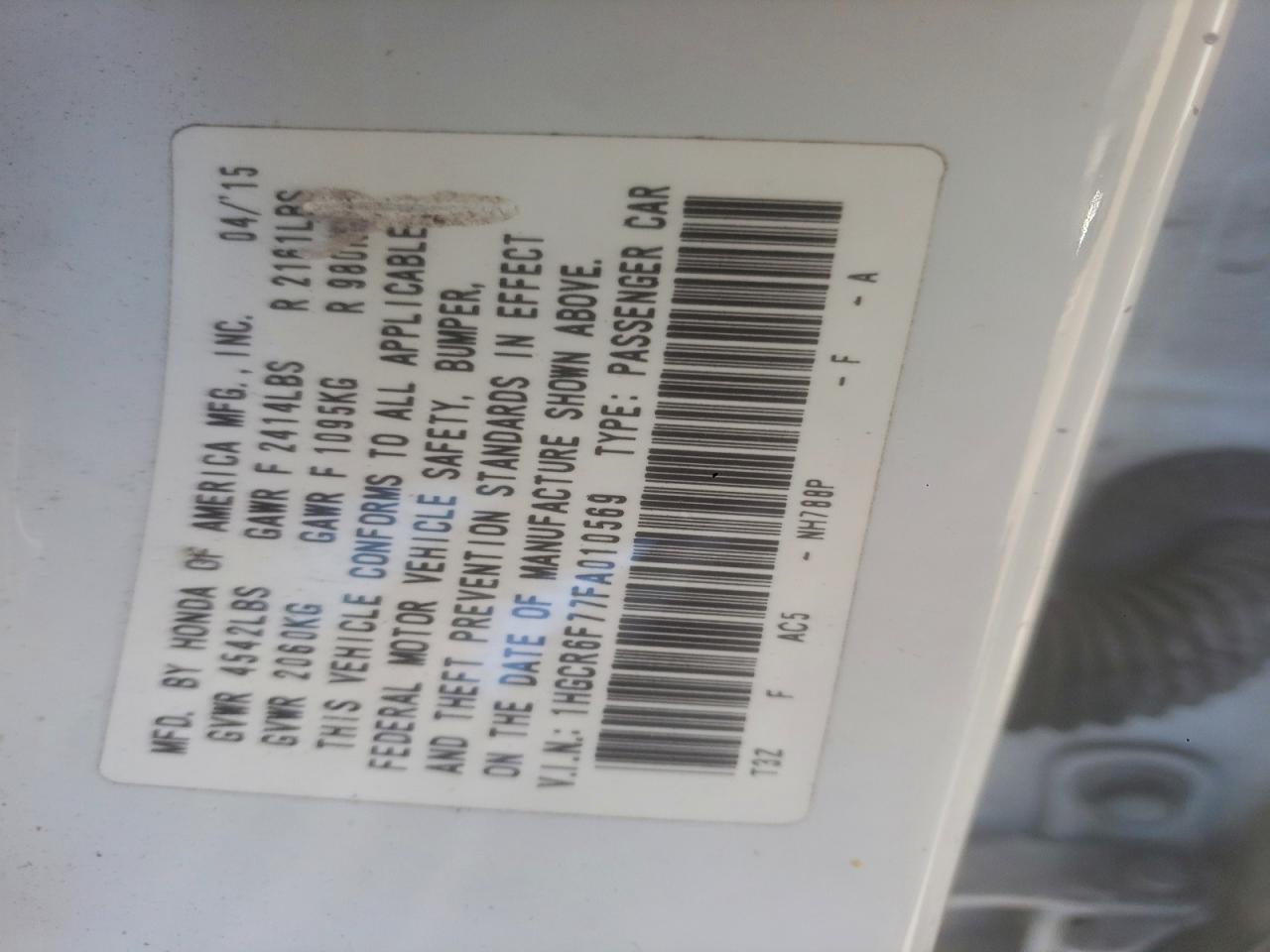 2015 Honda Accord Touring Hybrid VIN: 1HGCR6F77FA010569 Lot: 93466845