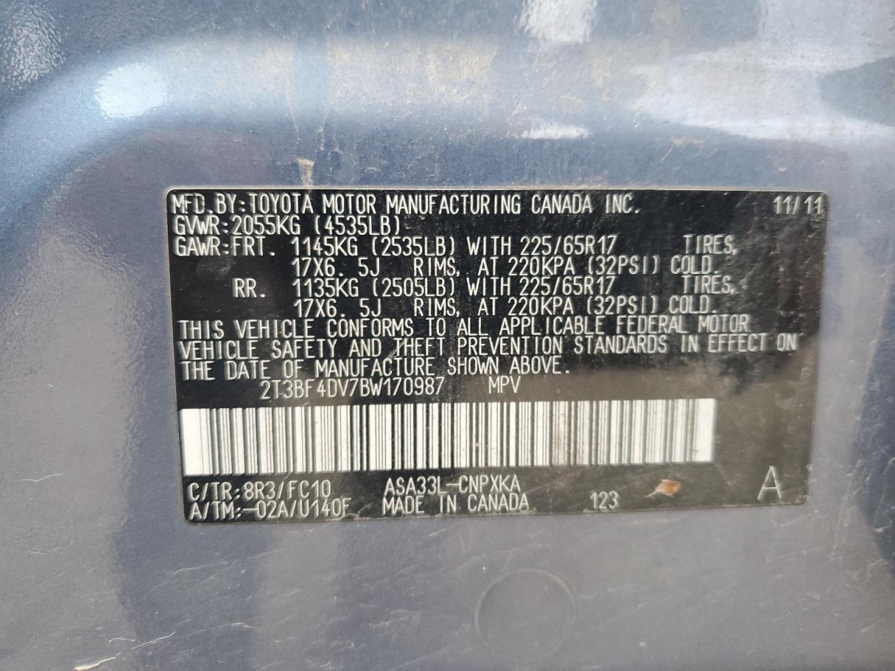 2011 Toyota Rav4 VIN: 2T3BF4DV7BW170987 Lot: 91553715