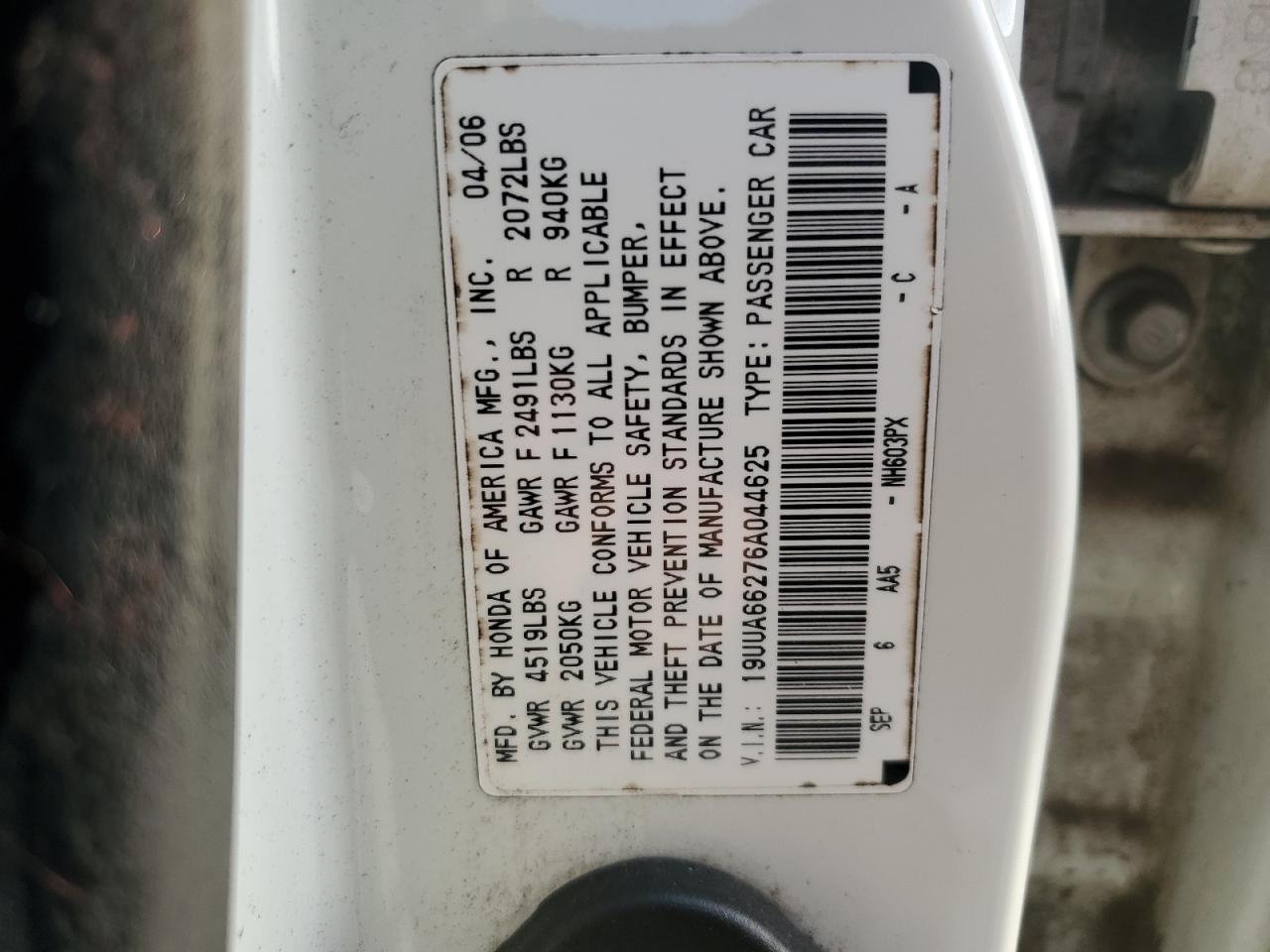 2006 Acura 3.2Tl VIN: 19UUA66276A044625 Lot: 93753545