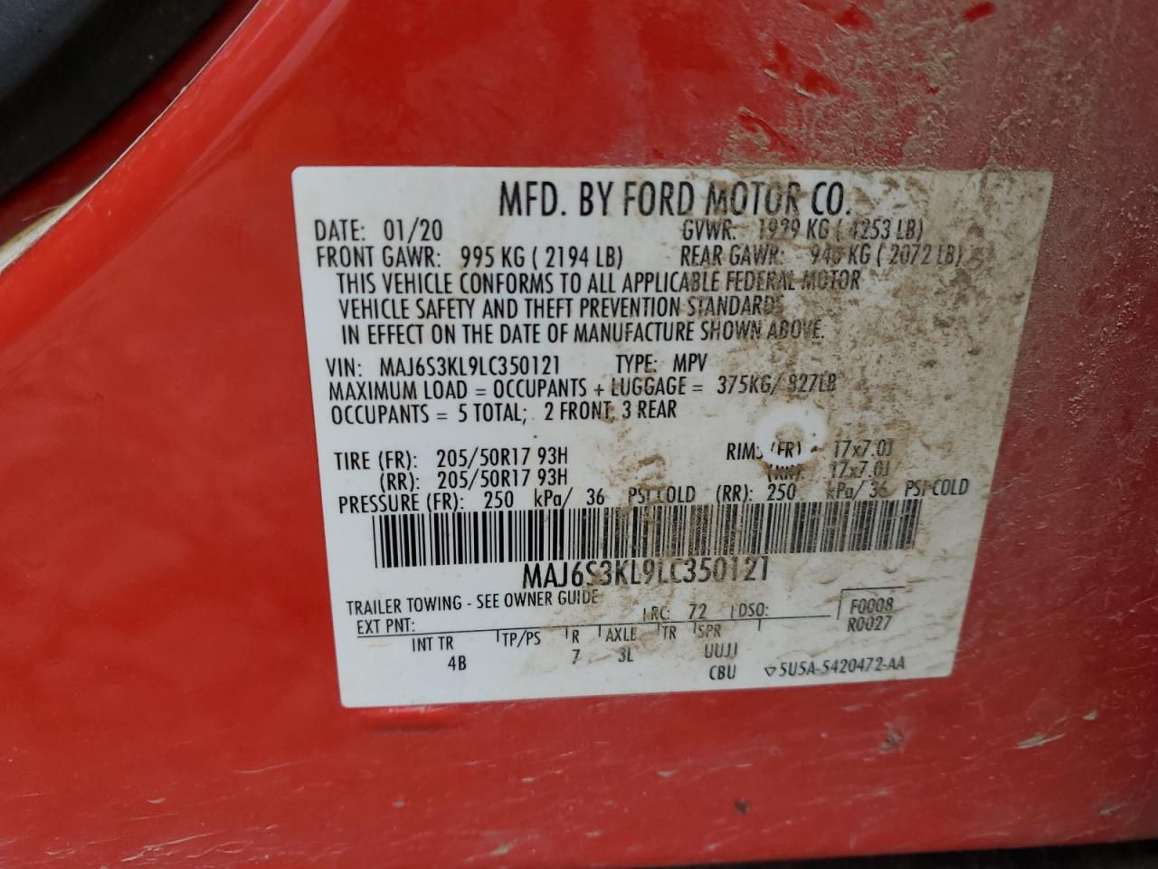 2020 Ford Ecosport Titanium VIN: MAJ6S3KL9LC350121 Lot: 91111635