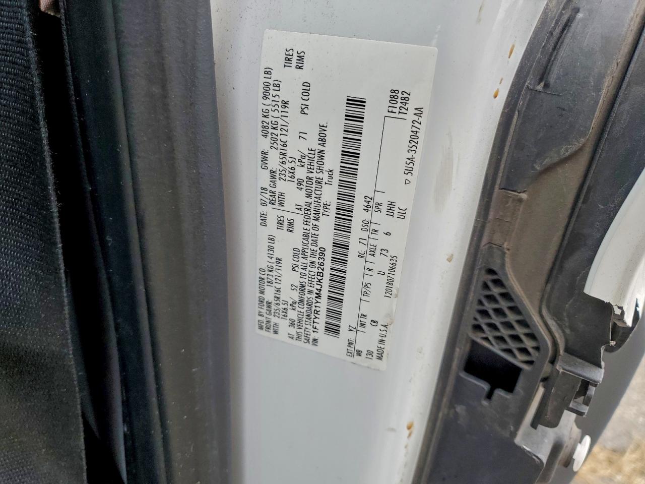 2018 Ford Transit T-250 VIN: 1FTYR1YM4JKB26390 Lot: 93823235