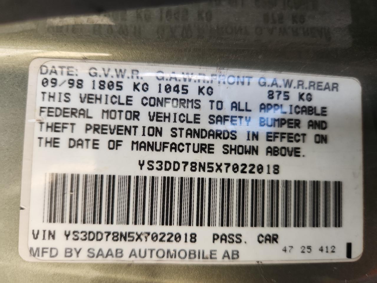 1999 Saab 9-3 S VIN: YS3DD78N5X7022018 Lot: 91914355