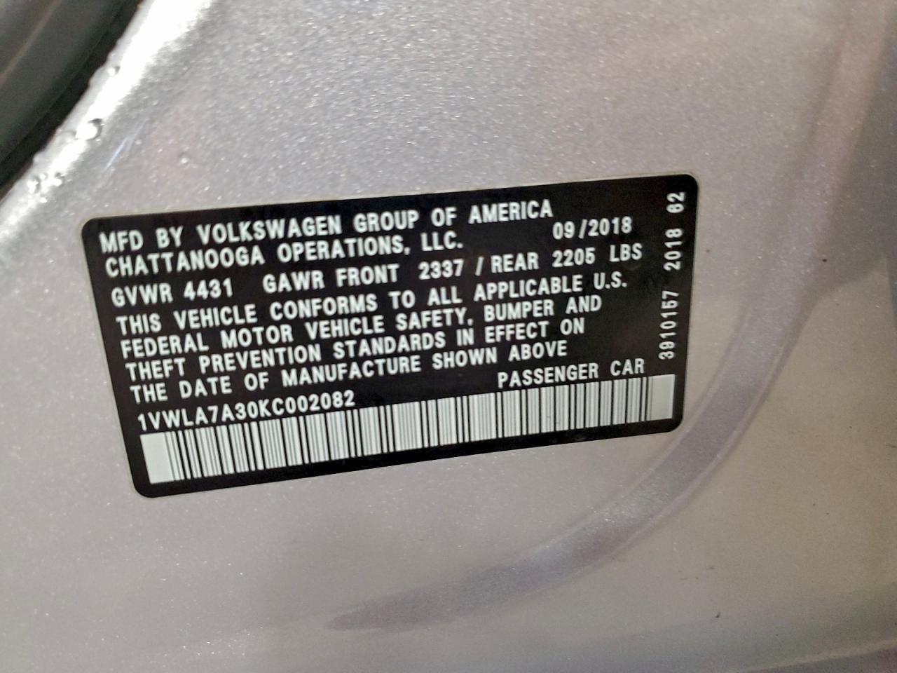 2019 Volkswagen Passat Wolfsburg VIN: 1VWLA7A30KC002082 Lot: 94389485