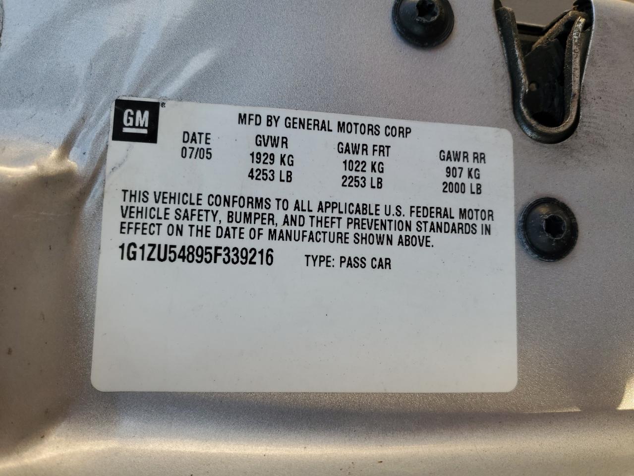 2005 Chevrolet Malibu Lt VIN: 1G1ZU54895F339216 Lot: 91598865