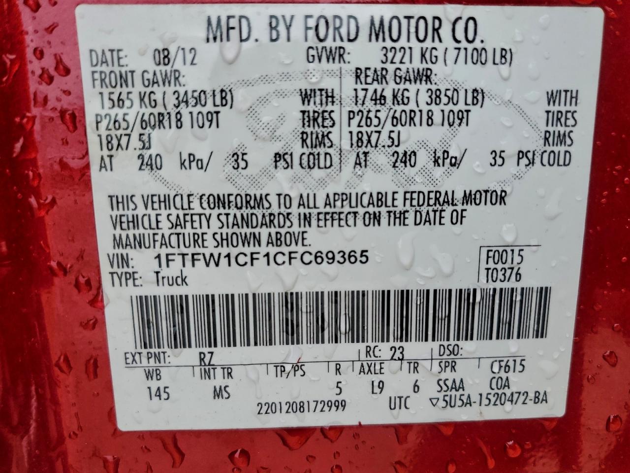 2012 Ford F150 Supercrew VIN: 1FTFW1CF1CFC69365 Lot: 94536325