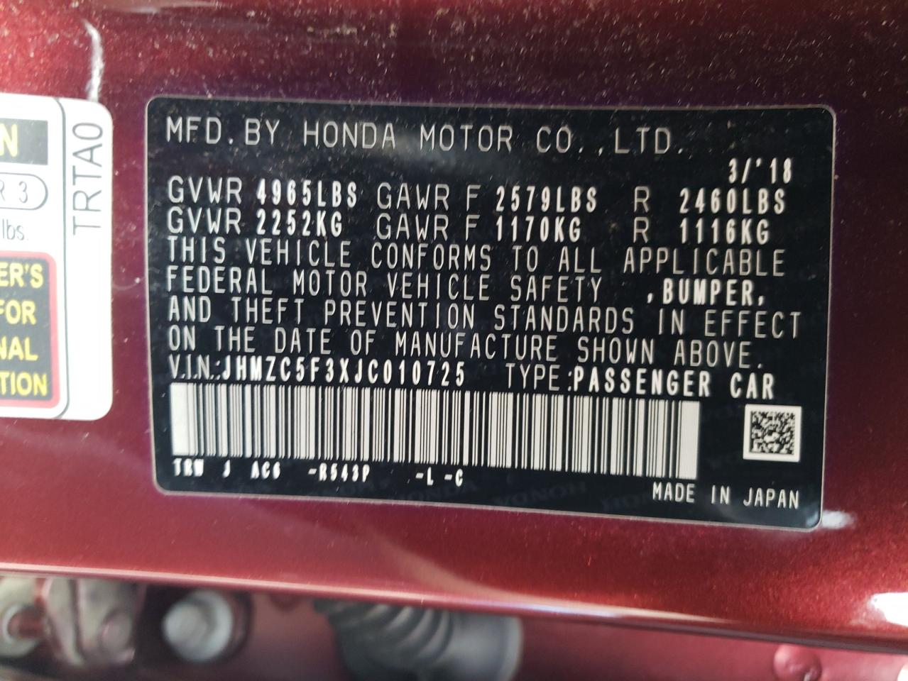 2018 Honda Clarity Touring VIN: JHMZC5F3XJC010725 Lot: 91744375