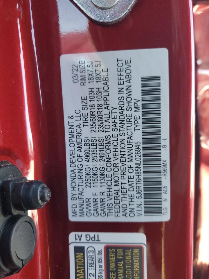 2022 Honda Cr-V Exl VIN: 5J6RT6H85NL026945 Lot: 92076715