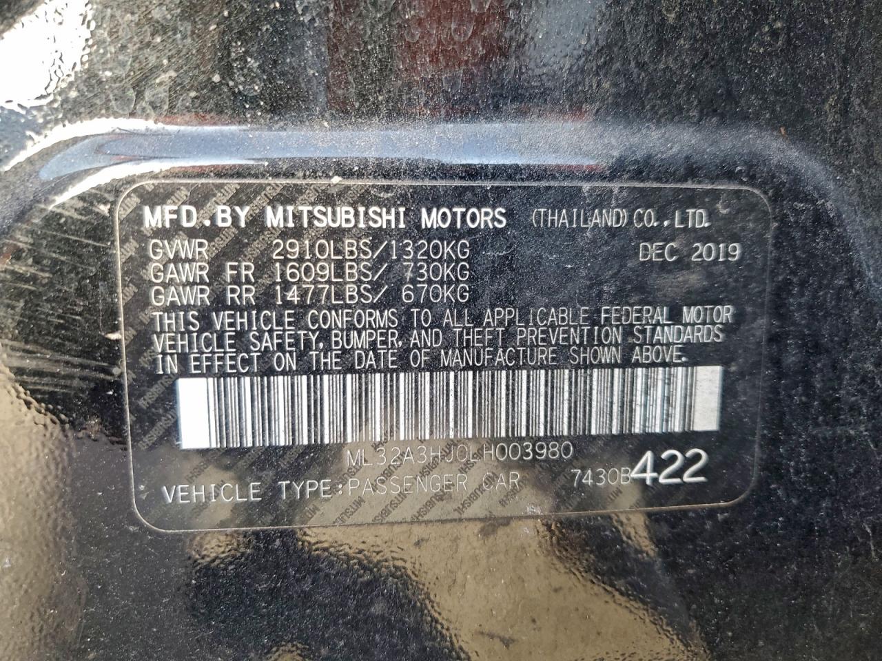 2020 Mitsubishi Mirage Es VIN: ML32A3HJ0LH003980 Lot: 94296885