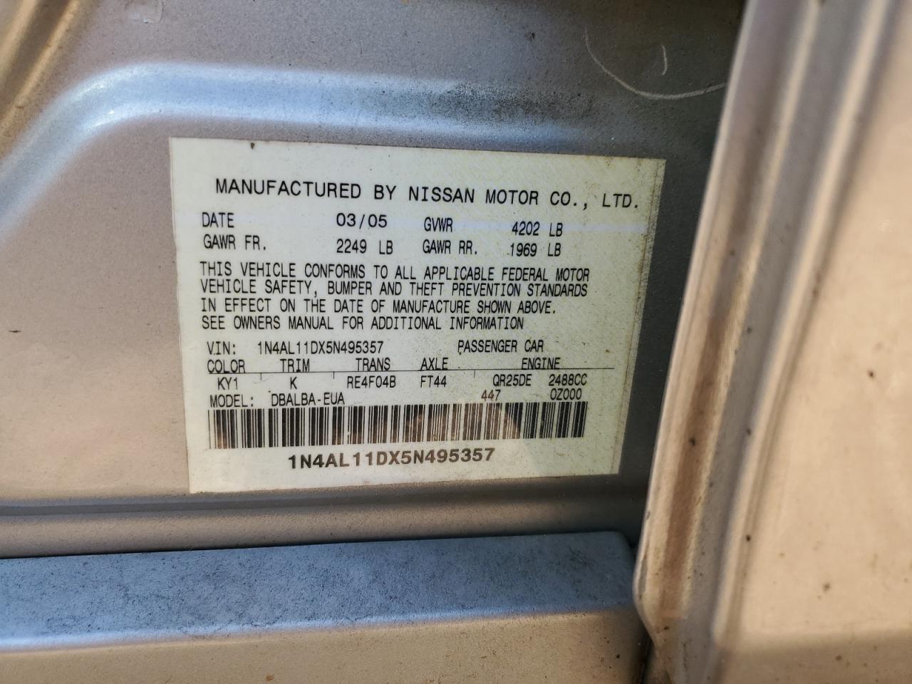 2005 Nissan Altima S VIN: 1N4AL11DX5N495357 Lot: 91248055