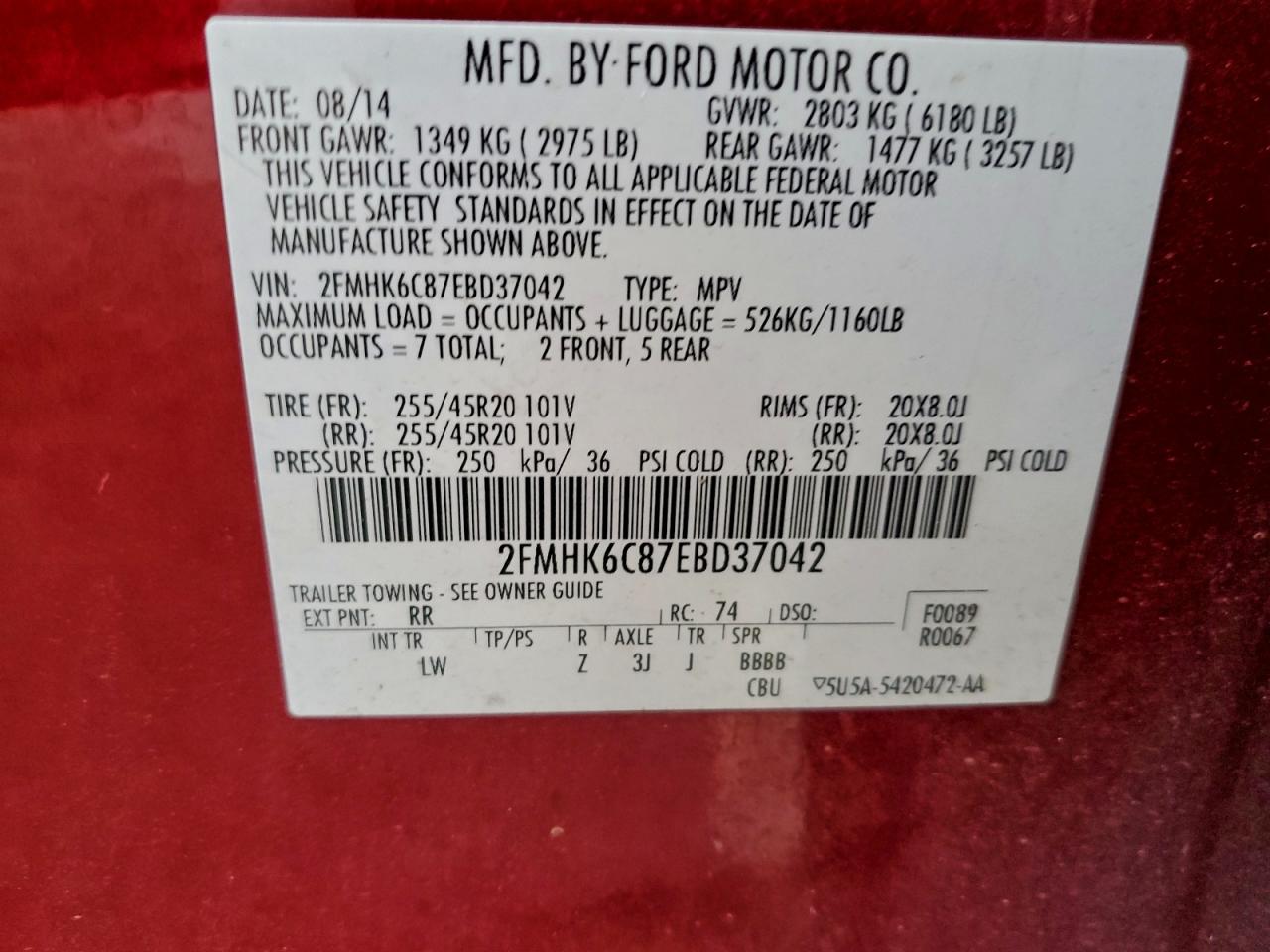 2014 Ford Flex Sel VIN: 2FMHK6C87EBD37042 Lot: 93889675