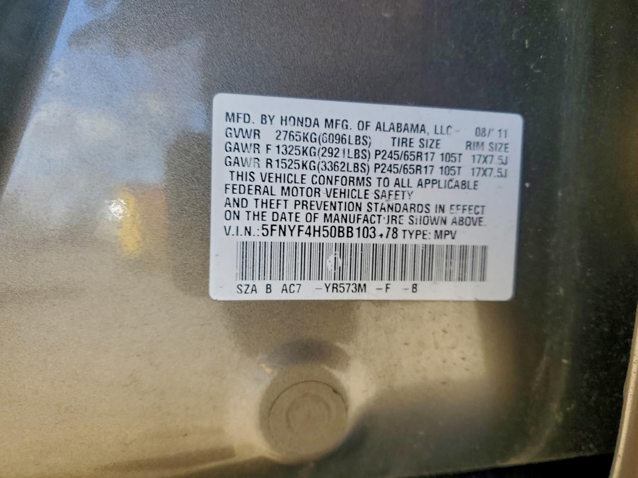 2011 Honda Pilot Exl VIN: 5FNYF4H50BB103478 Lot: 94106375