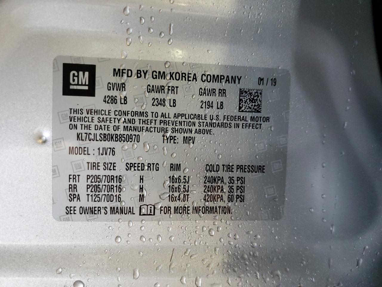 2019 Chevrolet Trax 1Lt VIN: KL7CJLSB0KB850970 Lot: 93150045