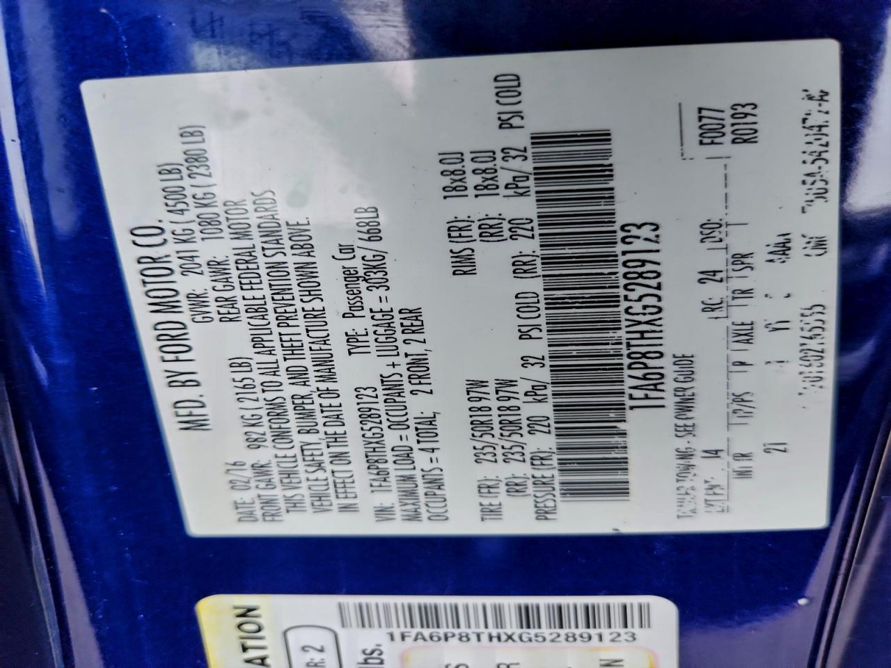 2016 Ford Mustang VIN: 1FA6P8THXG5289123 Lot: 93715775