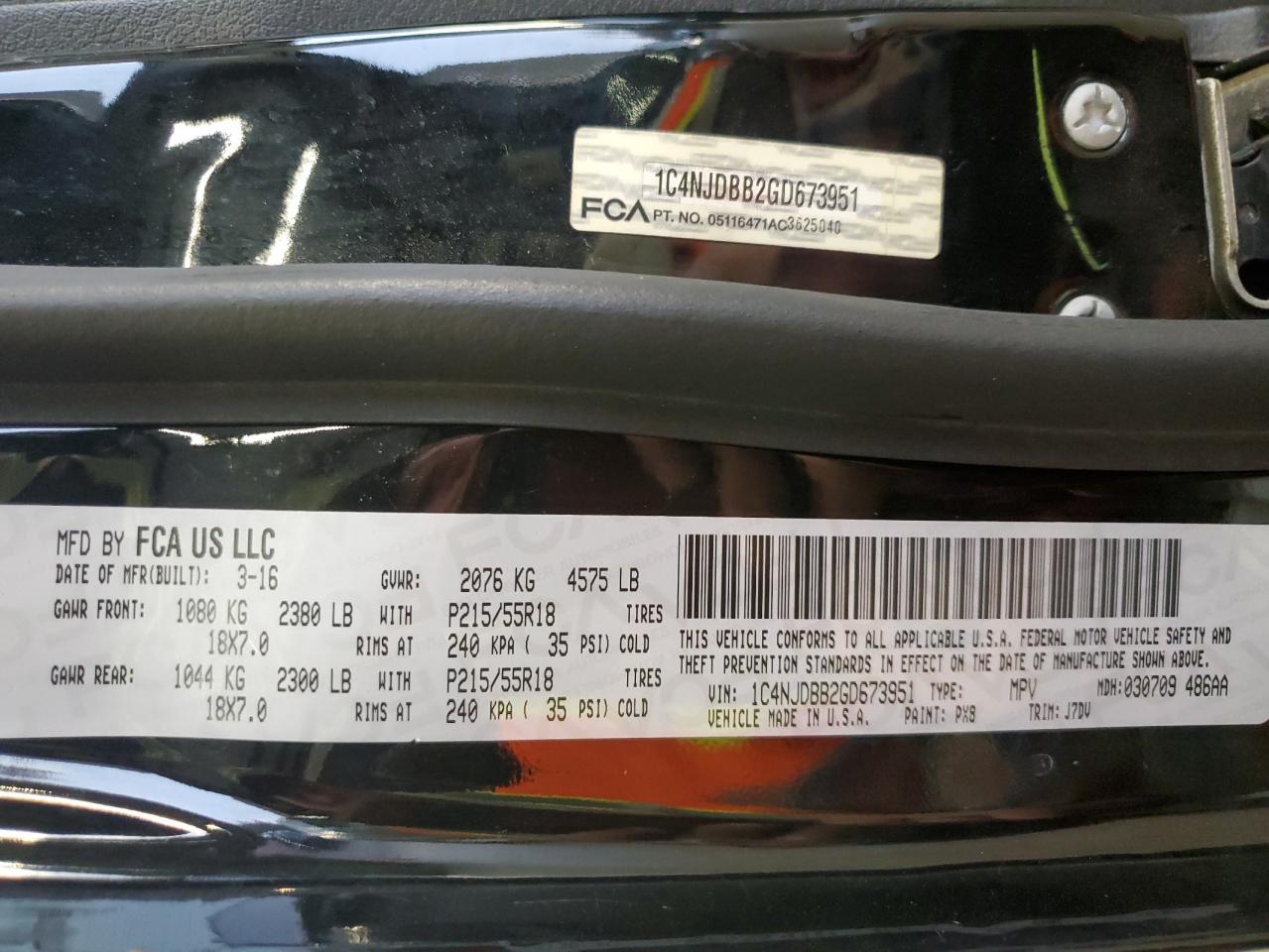 2016 Jeep Compass Sport VIN: 1C4NJDBB2GD673951 Lot: 91812945