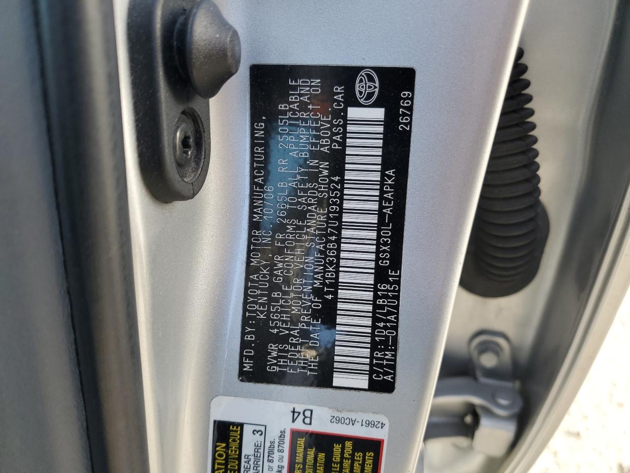 2007 Toyota Avalon Xl VIN: 4T1BK36B47U193524 Lot: 92417175