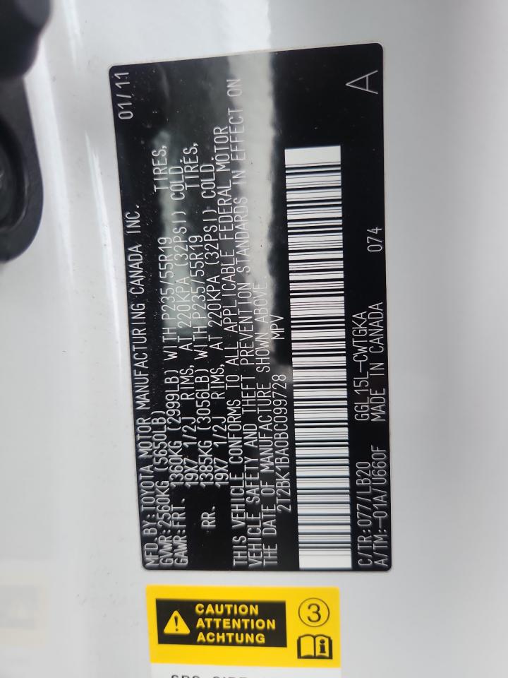 2011 Lexus Rx 350 VIN: 2T2BK1BA0BC099728 Lot: 92636025