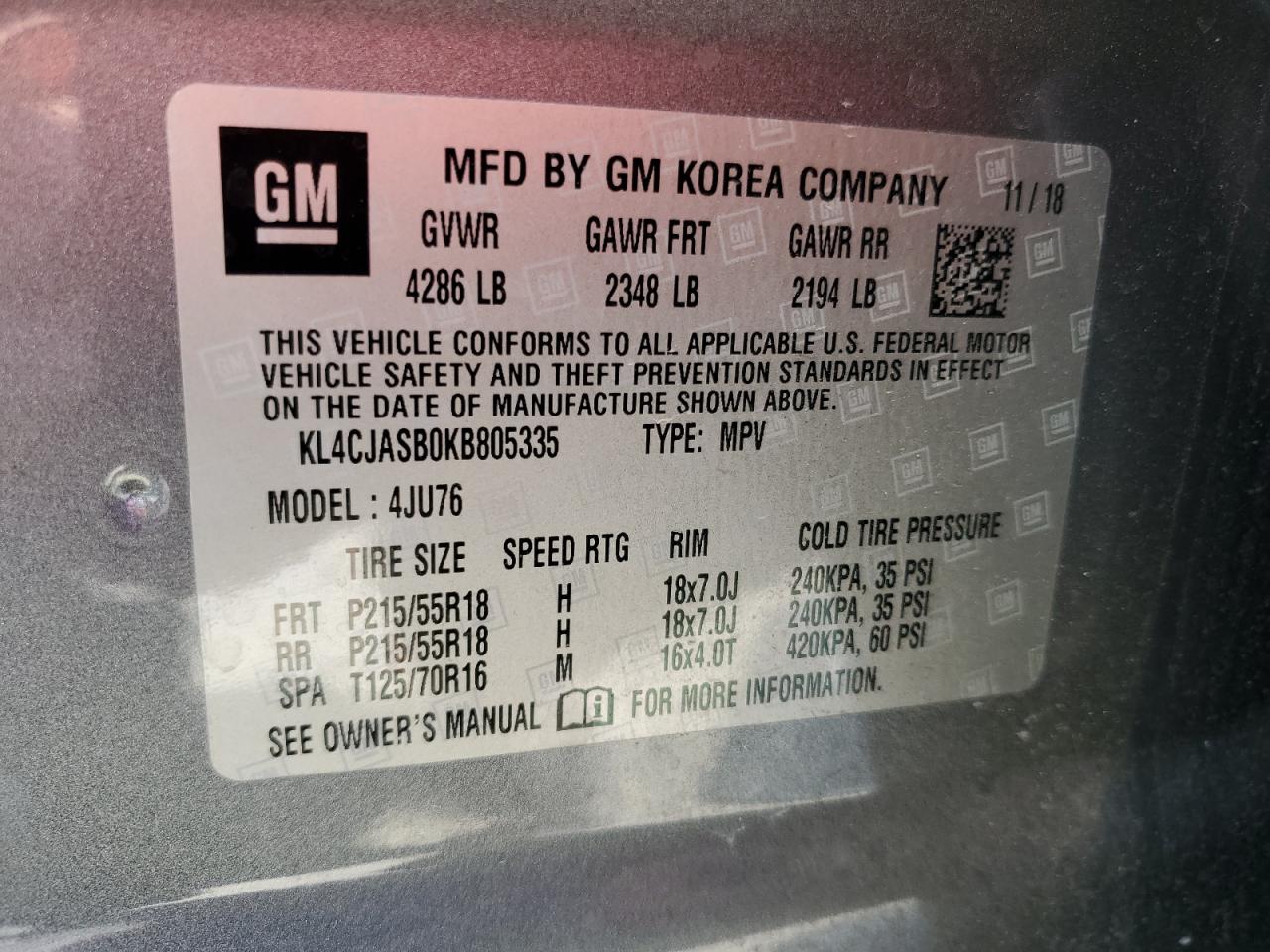 2019 Buick Encore Preferred VIN: KL4CJASB0KB805335 Lot: 91228135