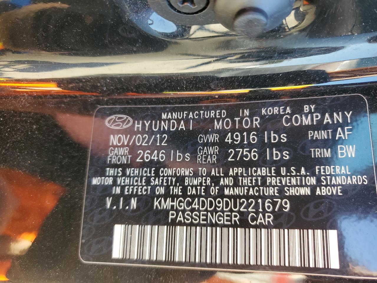 2013 Hyundai Genesis 3.8L VIN: KMHGC4DD9DU221679 Lot: 91192755