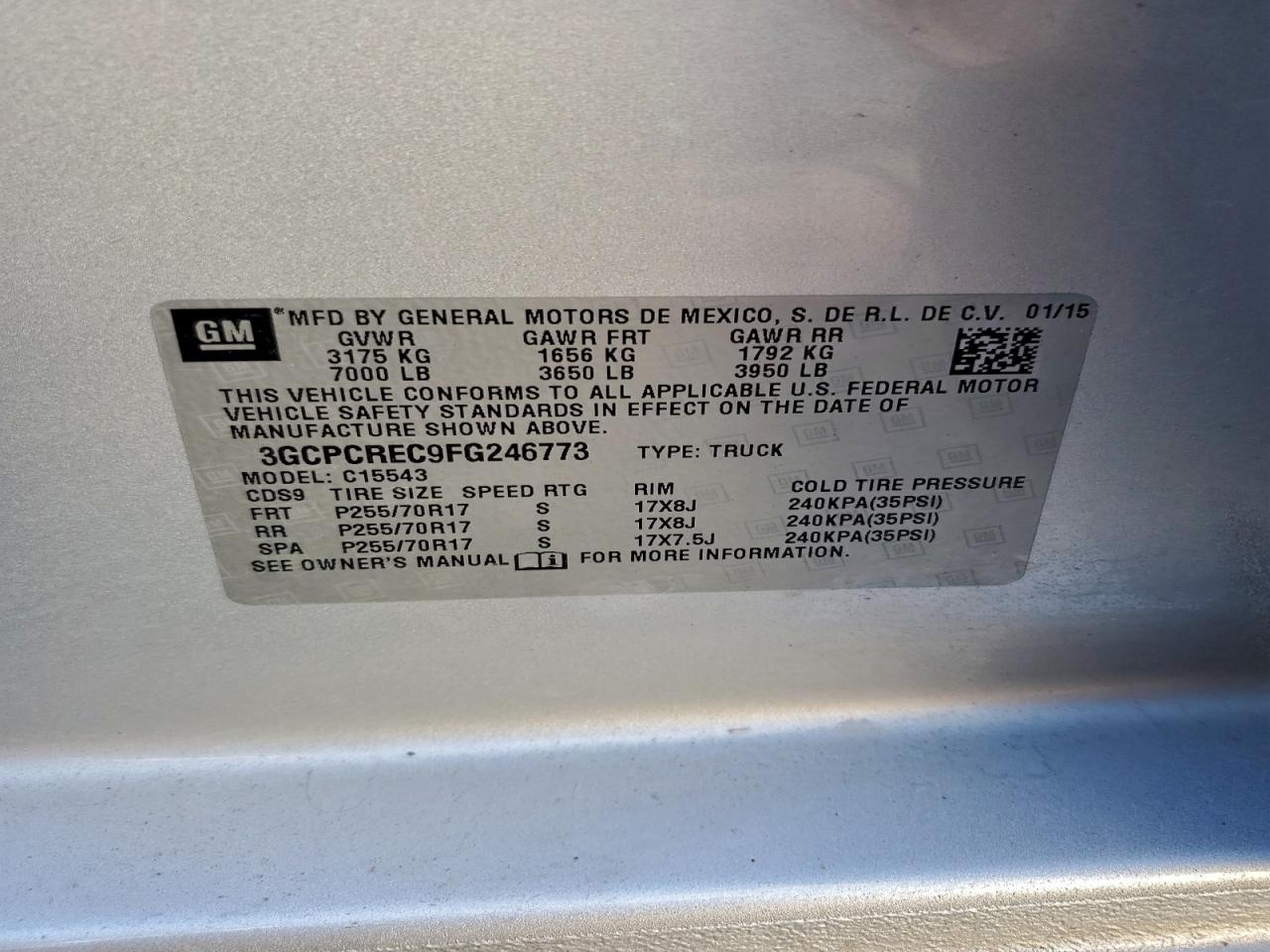 2015 Chevrolet Silverado C1500 Lt VIN: 3GCPCREC9FG246773 Lot: 93641295