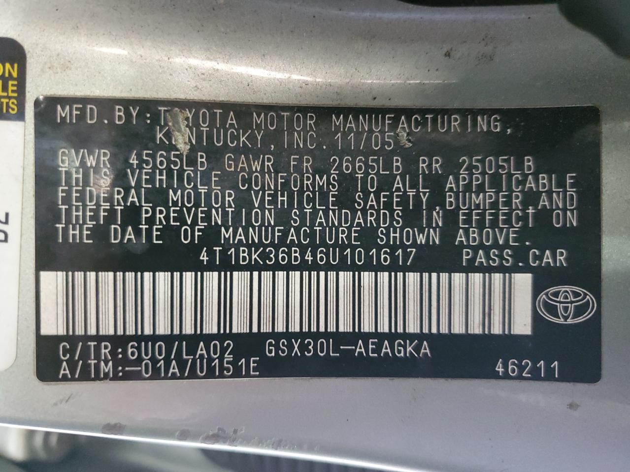 2006 Toyota Avalon Xl VIN: 4T1BK36B46U101617 Lot: 91624285