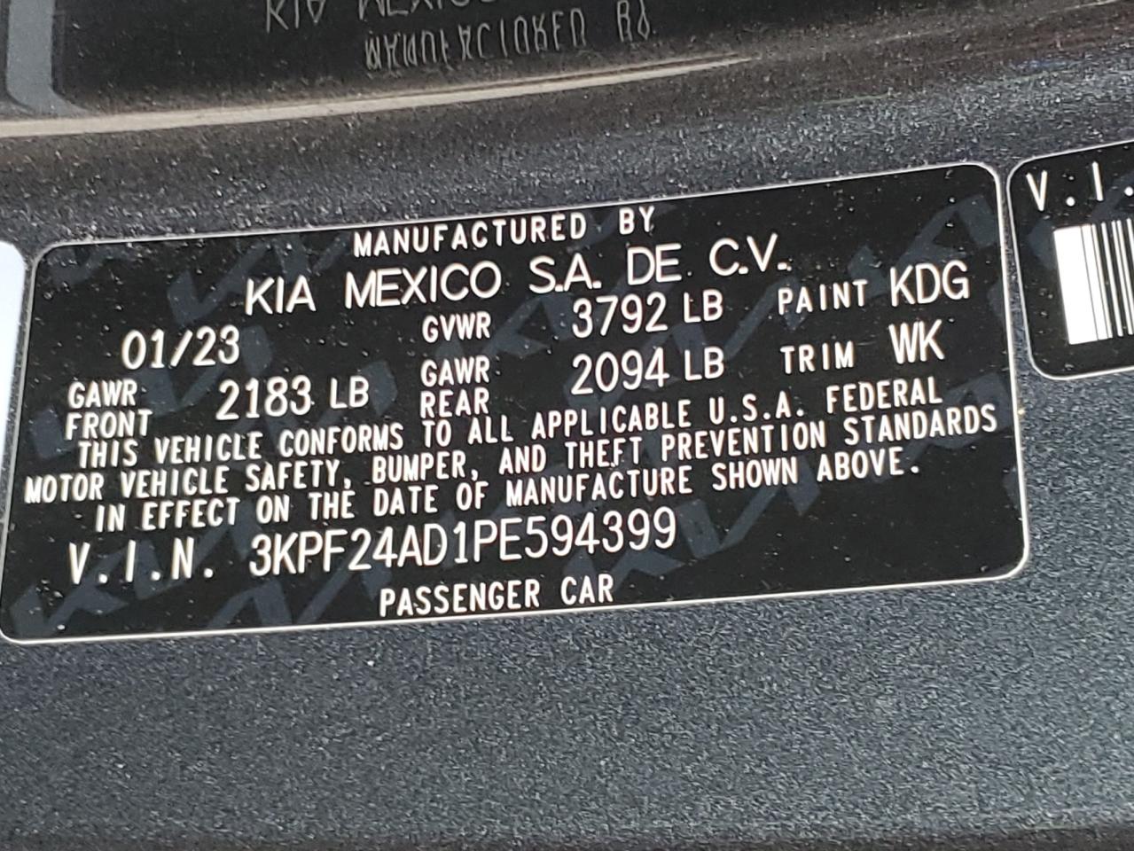 2023 Kia Forte Lx VIN: 3KPF24AD1PE594399 Lot: 91972345