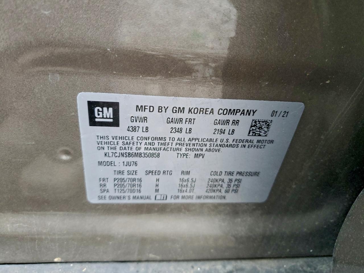 2021 Chevrolet Trax Ls VIN: KL7CJNSB6MB350858 Lot: 93961995