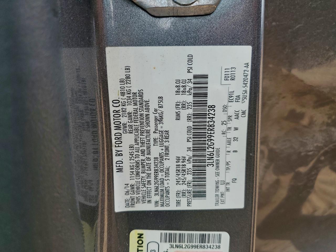 2014 Lincoln Mkz VIN: 3LN6L2G99ER834238 Lot: 94474845