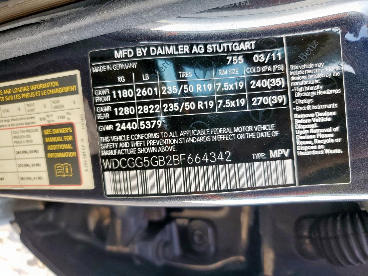 2011 Mercedes-Benz Glk 350 VIN: WDCGG5GB2BF664342 Lot: 93124205