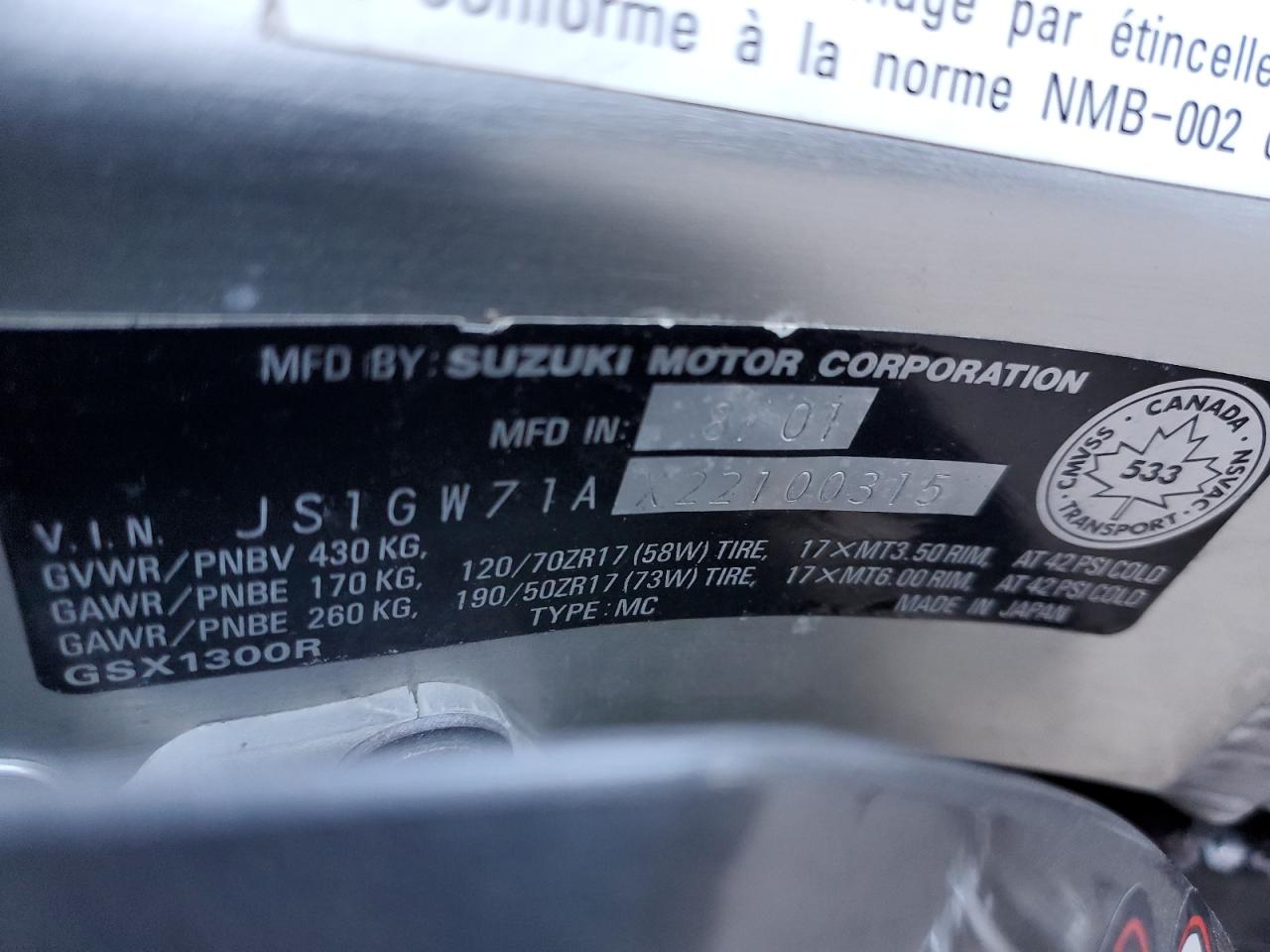 2002 Suzuki Gsx1300 R VIN: JS1GW71AX22100315 Lot: 92563595