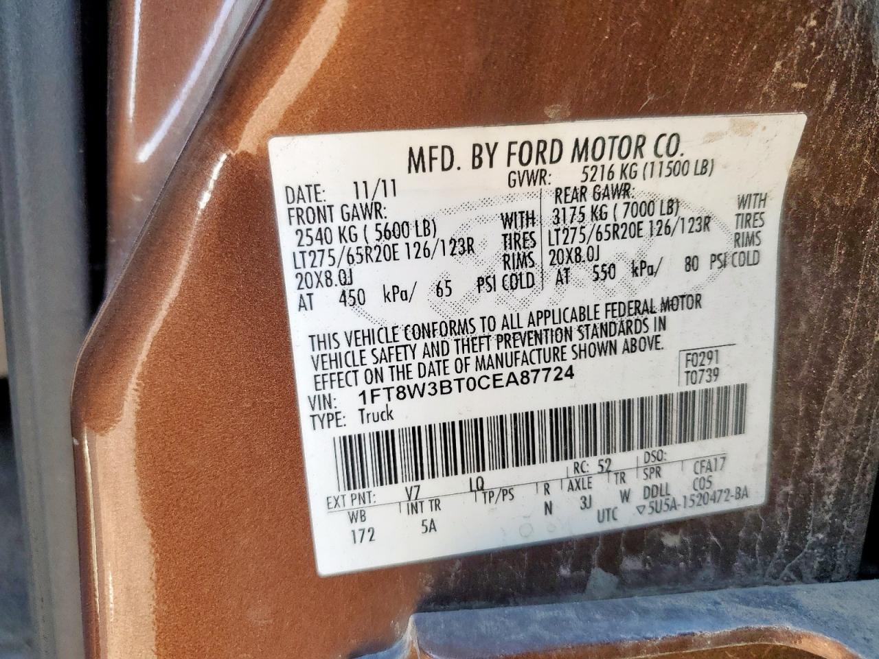 2012 Ford F350 Super Duty VIN: 1FT8W3BT0CEA87724 Lot: 92098965