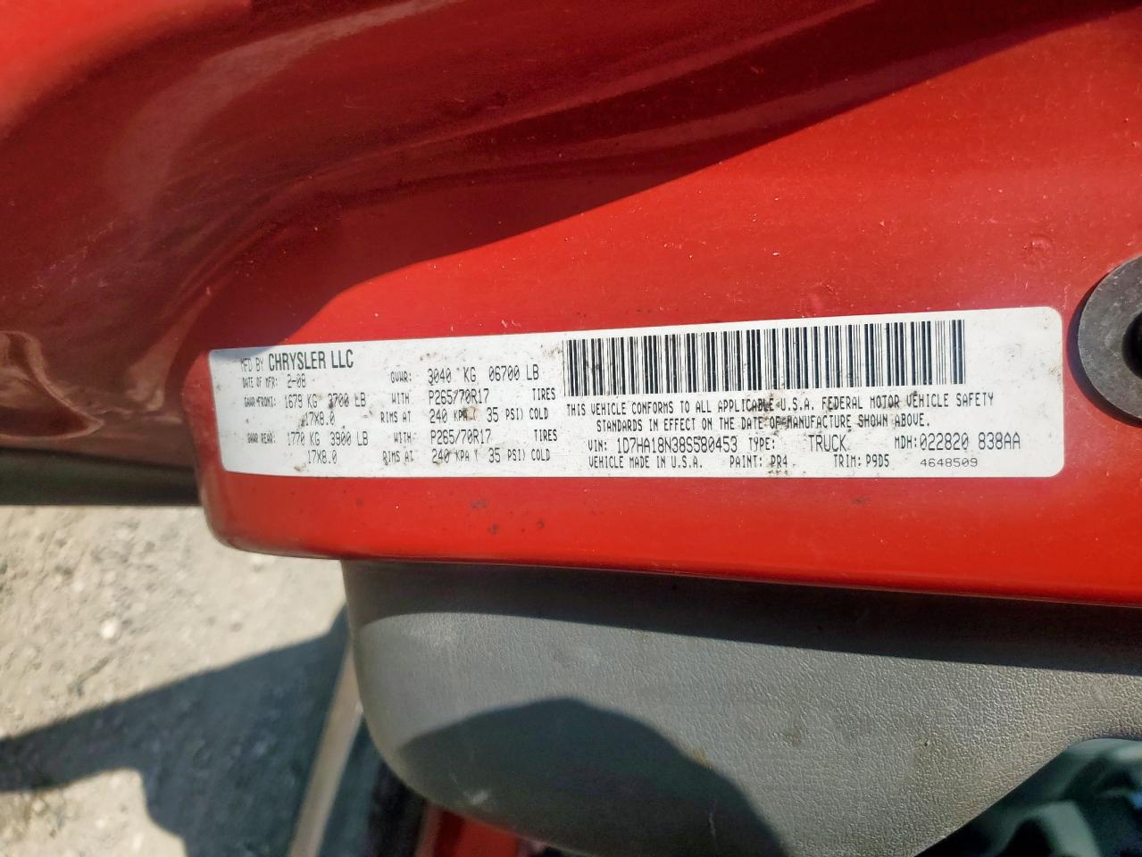 2008 Dodge Ram 1500 St VIN: 1D7HA18N38S580453 Lot: 93240795