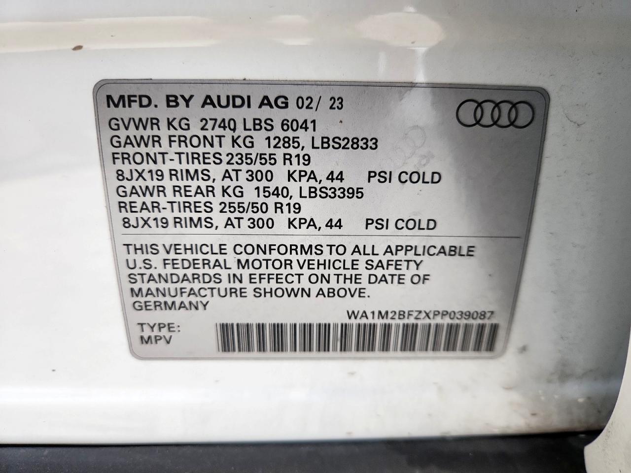 2023 Audi Q4 E-Tron Prestige VIN: WA1M2BFZXPP039087 Lot: 92190745
