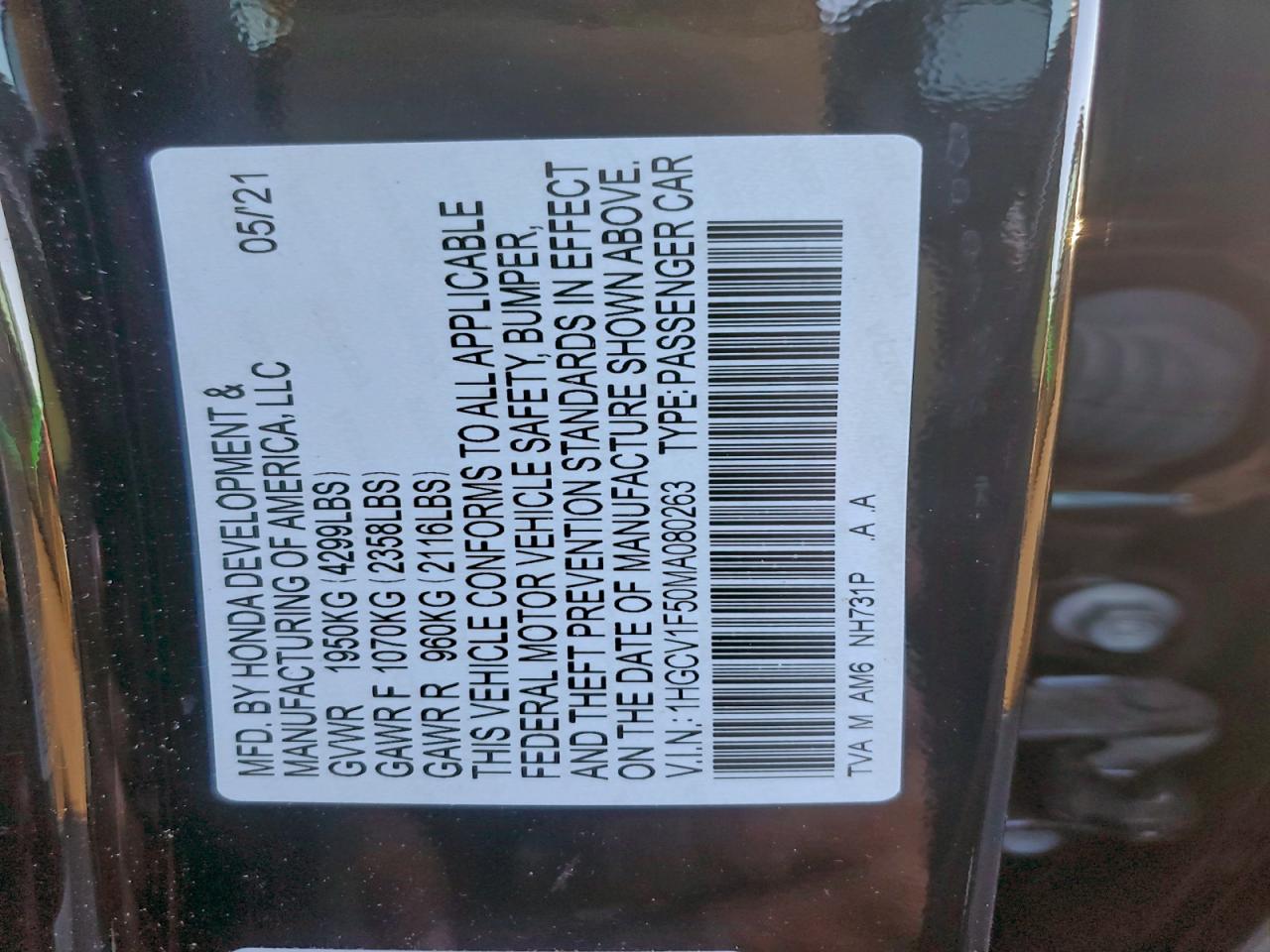 2021 Honda Accord Exl VIN: 1HGCV1F50MA080263 Lot: 94081505