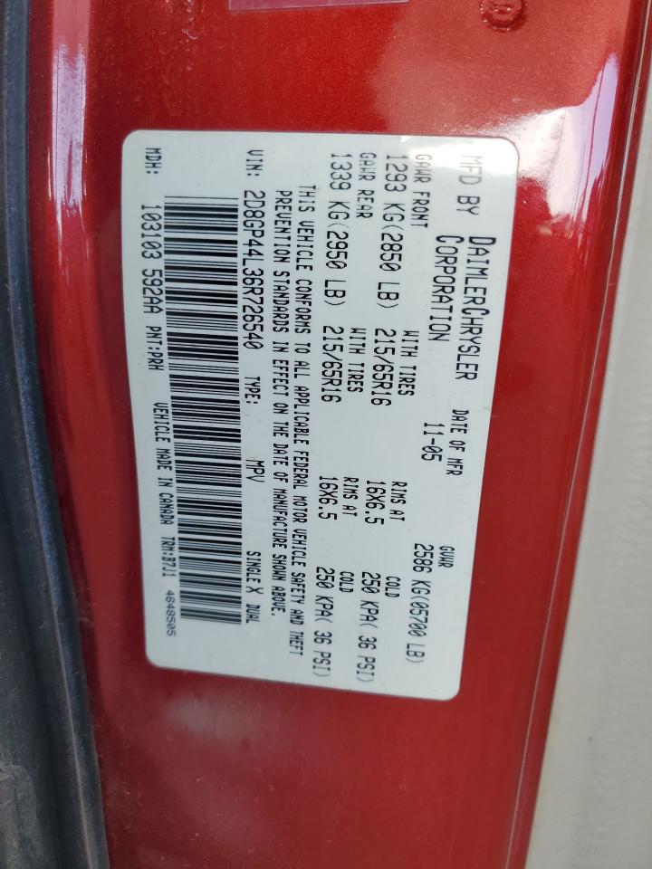 2006 Dodge Grand Caravan Sxt VIN: 2D8GP44L36R726540 Lot: 92407695