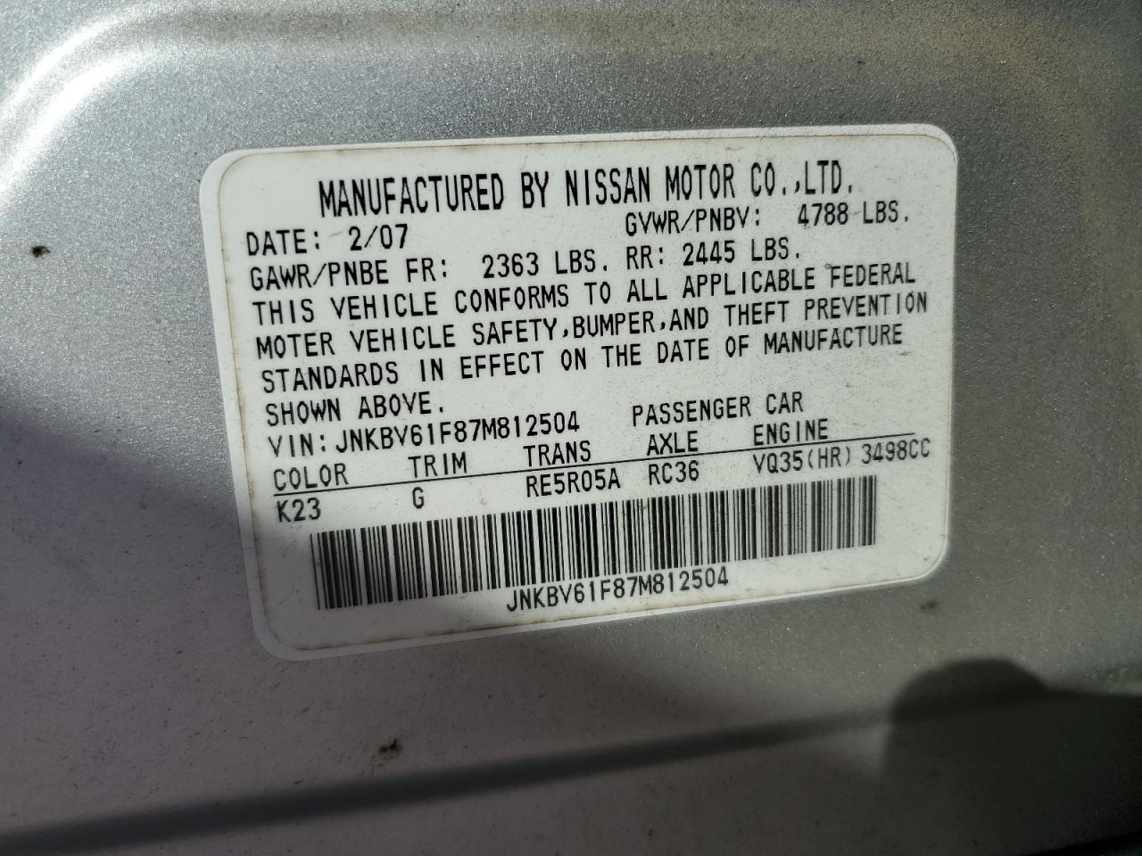 2007 Infiniti G35 VIN: JNKBV61F87M812504 Lot: 93071155