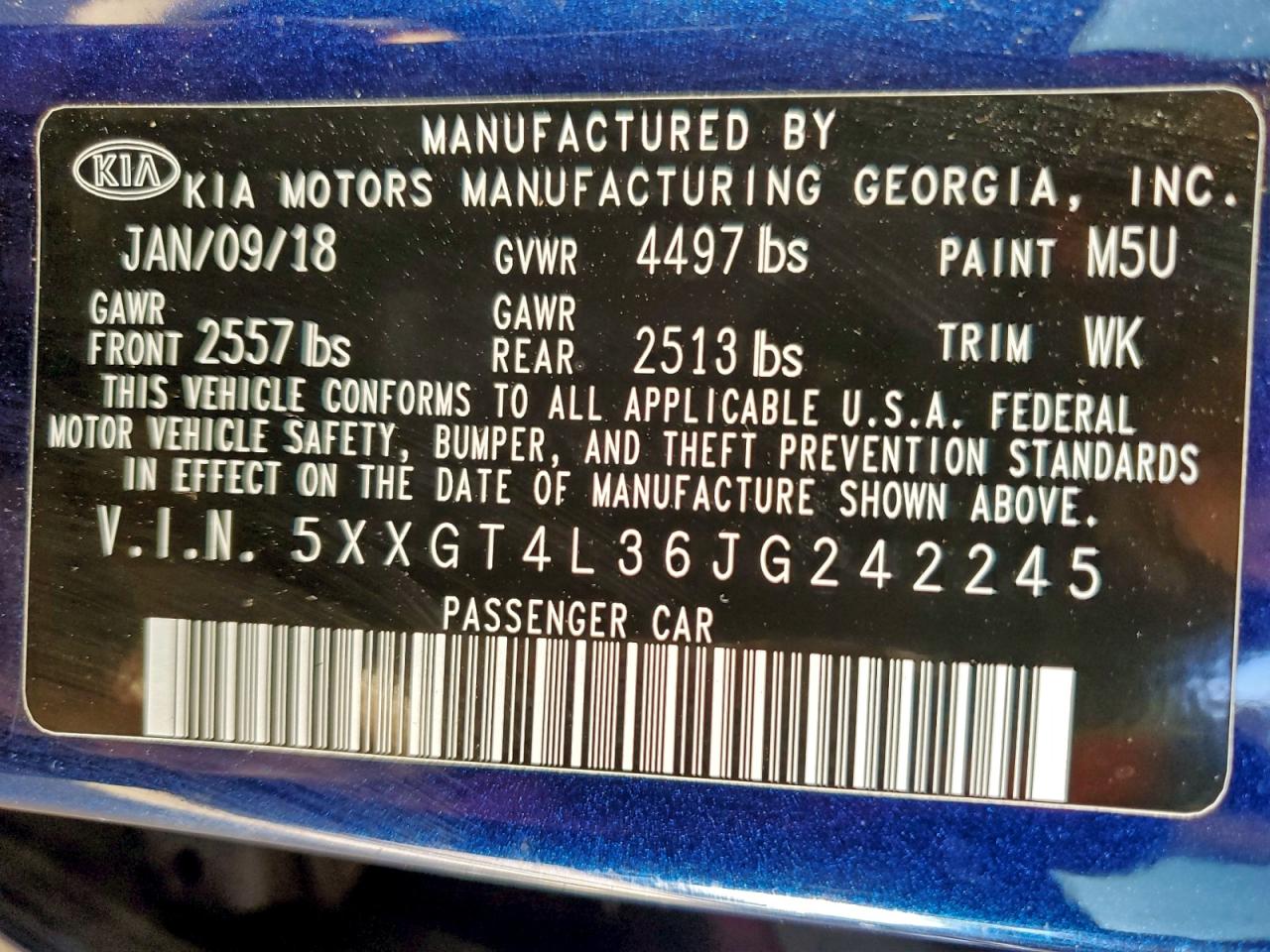 2018 Kia Optima Lx VIN: 5XXGT4L36JG242245 Lot: 92873445