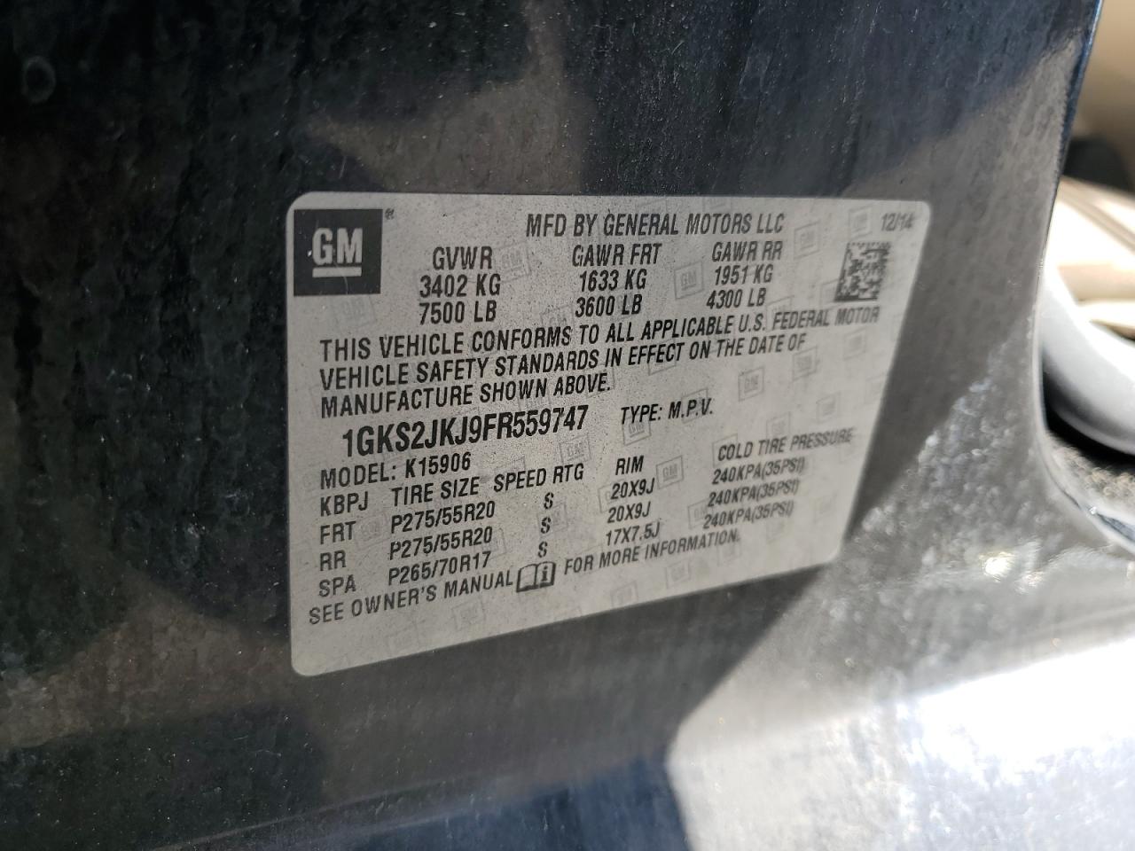 2015 GMC Yukon Xl Denali VIN: 1GKS2JKJ9FR559747 Lot: 92861305