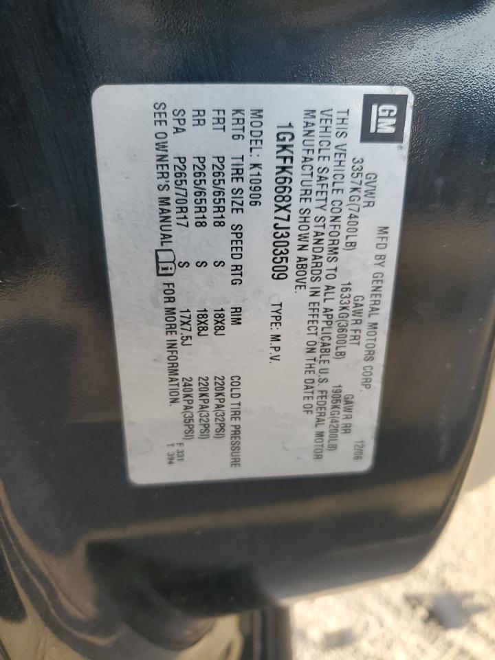 2007 GMC Yukon Xl Denali VIN: 1GKFK668X7J303509 Lot: 91072465