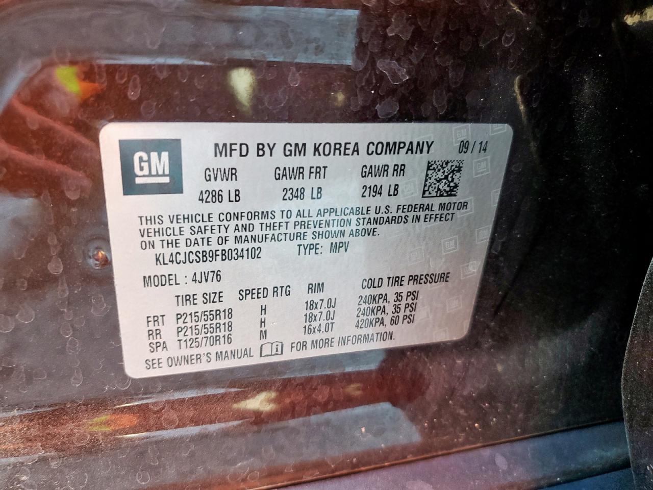 2015 Buick Encore VIN: KL4CJCSB9FB034102 Lot: 92078615