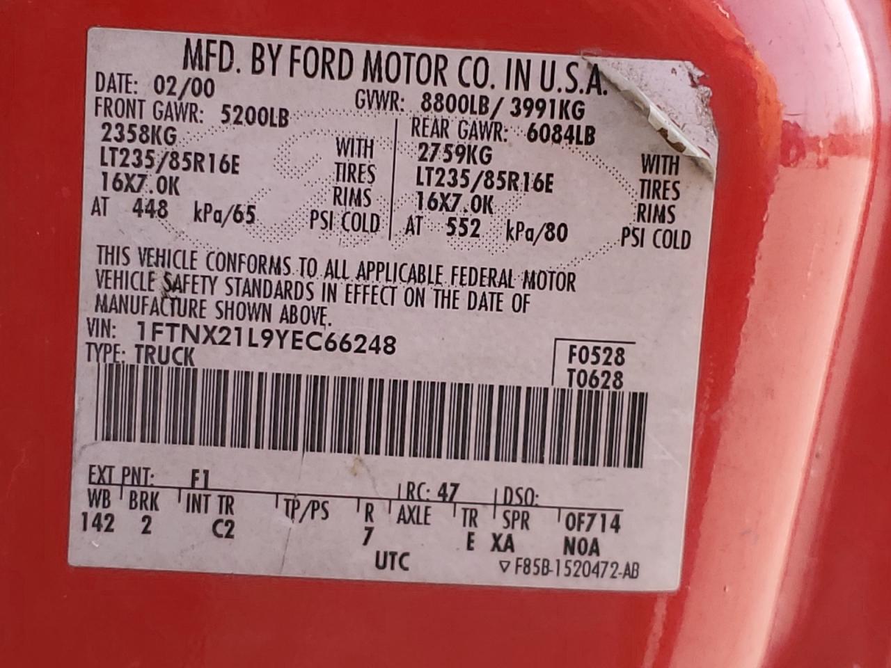 2000 Ford F250 Super Duty VIN: 1FTNX21L9YEC66248 Lot: 91736865